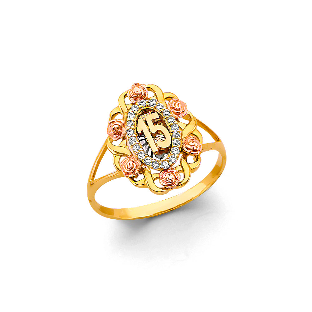 14K Gold Quinceañera Sweet 15 CZ Rose Ring | La Perla Jewelry