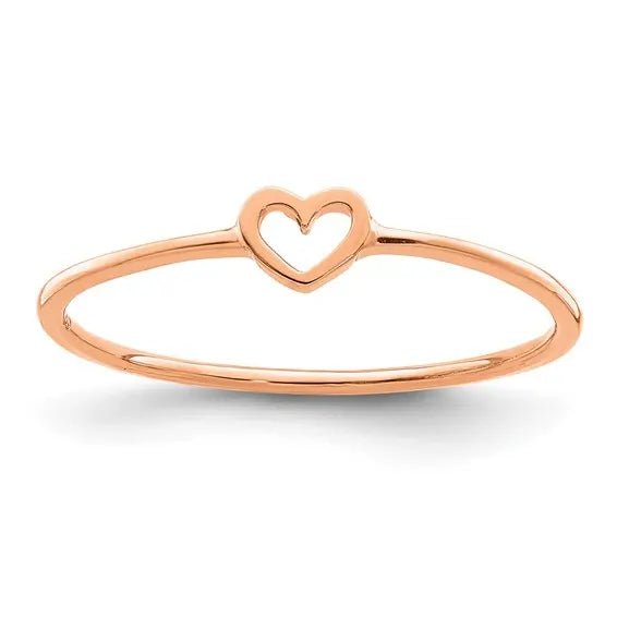 14K rose gold polished open heart ring with delicate 0.8mm band on white background
