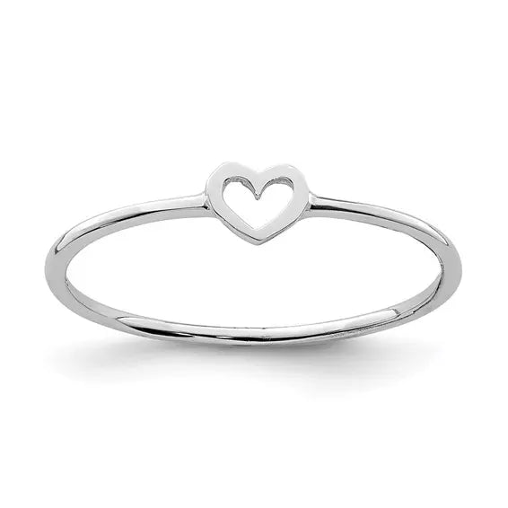 14K white gold rhodium-plated open heart ring with slim 0.8mm band on white background