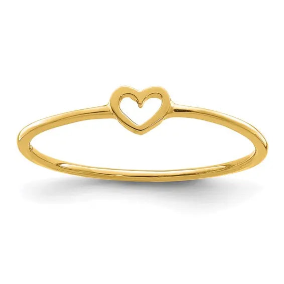 14K yellow gold polished open heart ring with slim 0.8mm band on white background