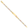 14K tri-color gold baby ID bracelet with figaro chain and rose gold butterfly charm on engravable plate on white background