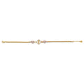 14K tri-color gold bracelet with CZ pavé Guadalupe oval medallion and CZ pavé heart charms on box chain, 7 inches, lobster clasp, on white background
