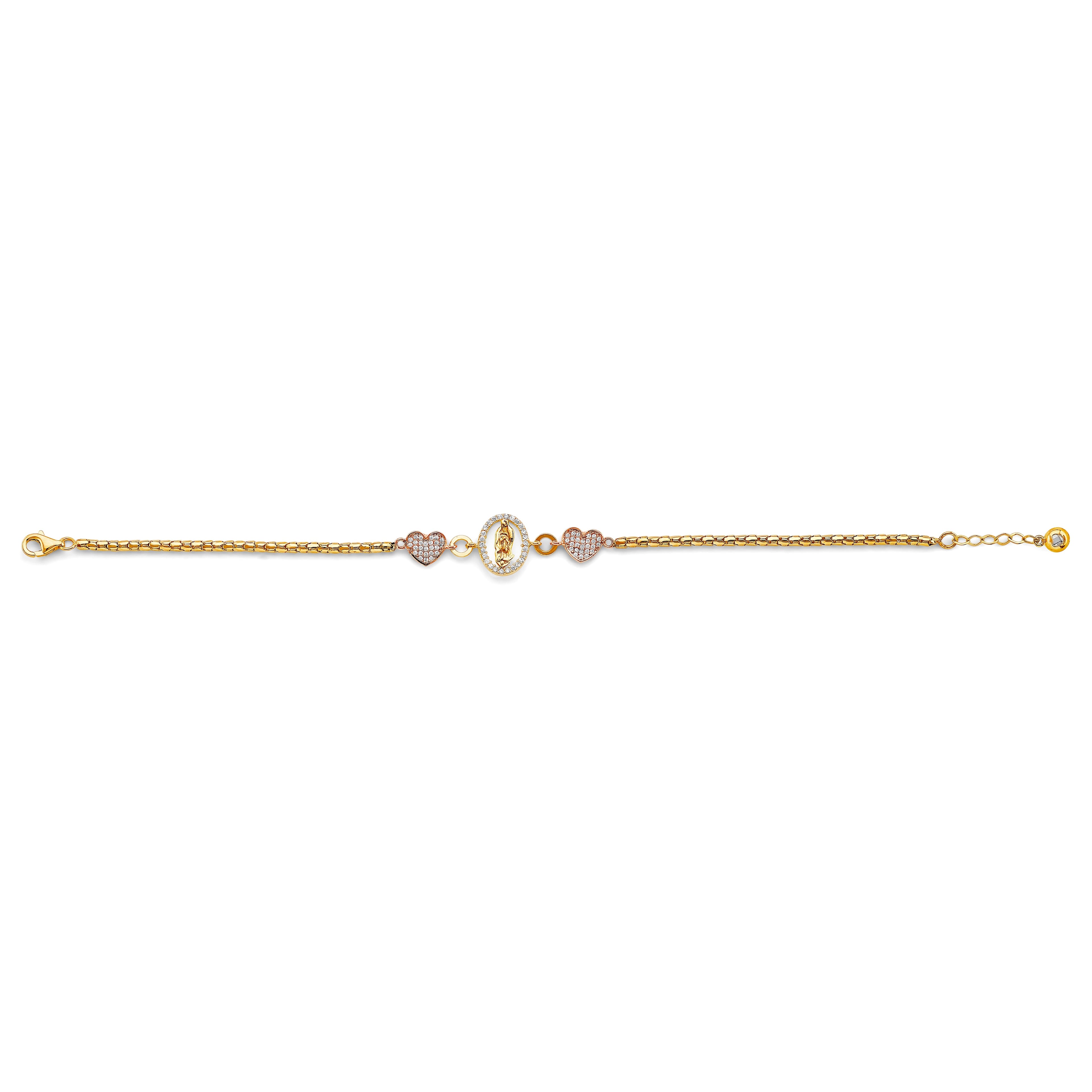 14K tri-color gold bracelet with CZ pavé Guadalupe oval medallion and CZ pavé heart charms on box chain, 7 inches, lobster clasp, on white background