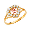 14K tri-color gold Quinceañera Sweet 15 ring with rose gold "15" numeral inside a CZ halo heart setting and milgrain split shank, on white background