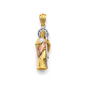 14K tri-color gold 3D St. Jude Thaddeus figure pendant with CZ halo and rose gold mantle, 27mm, on white background