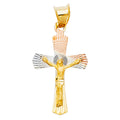 14K tri-color yellow, white and rose gold diamond-cut sunburst crucifix pendant with raised Jesus figure on white background