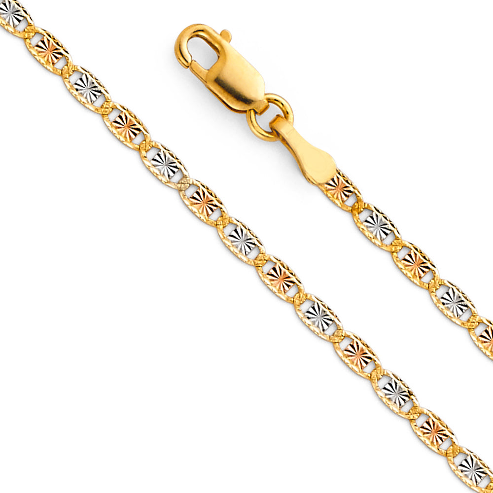 14K tri-color yellow, white and rose gold 2mm diamond-cut Valentino star link chain necklace with lobster clasp on white background