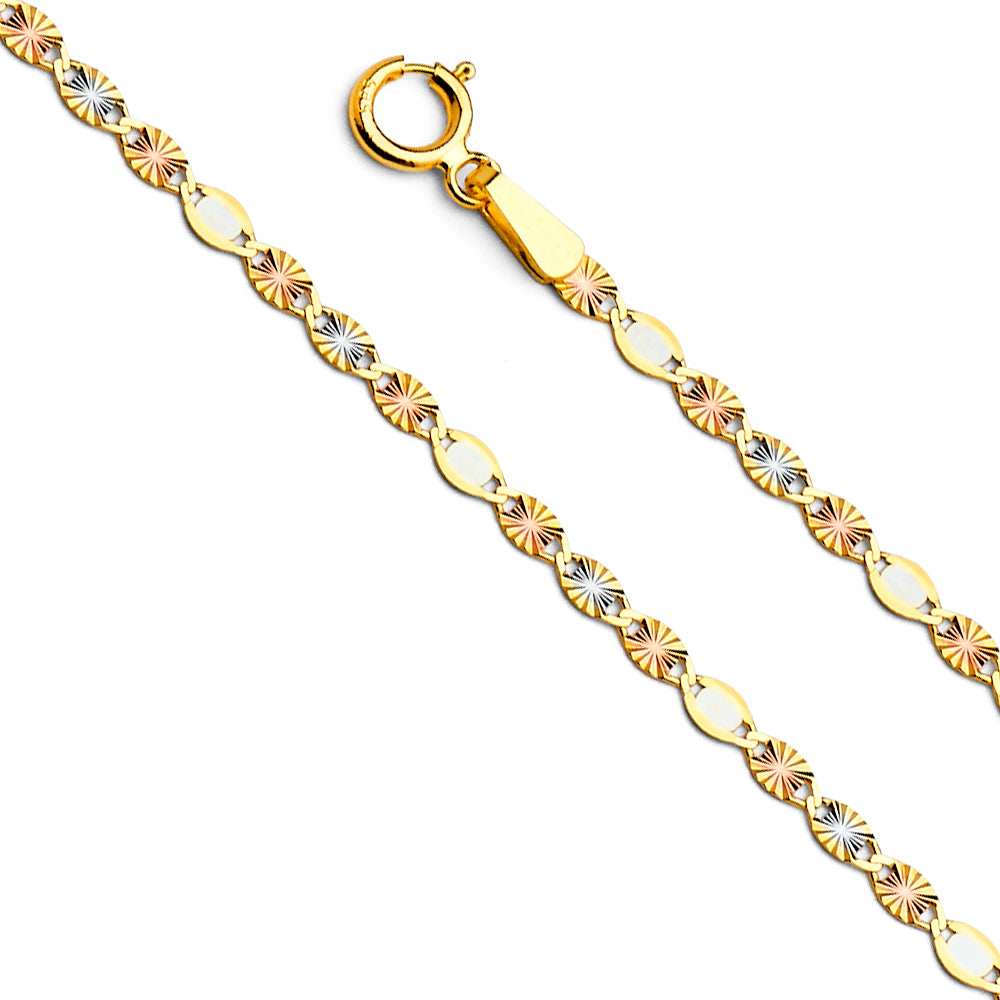 14K tri-color yellow, white and rose gold 2.1mm diamond-cut Valentino star link chain necklace with spring ring clasp on white background