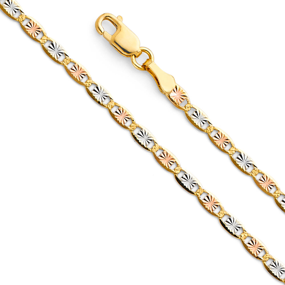 14K tri-color yellow, white and rose gold 2mm diamond-cut Valentino star link chain necklace with lobster clasp on white background
