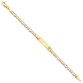 14K tri-color gold figaro 3+1 baby ID bracelet with engravable yellow gold plate, rose gold cross accent, and tri-color figaro links, 6 inches, lobster clasp, on white background