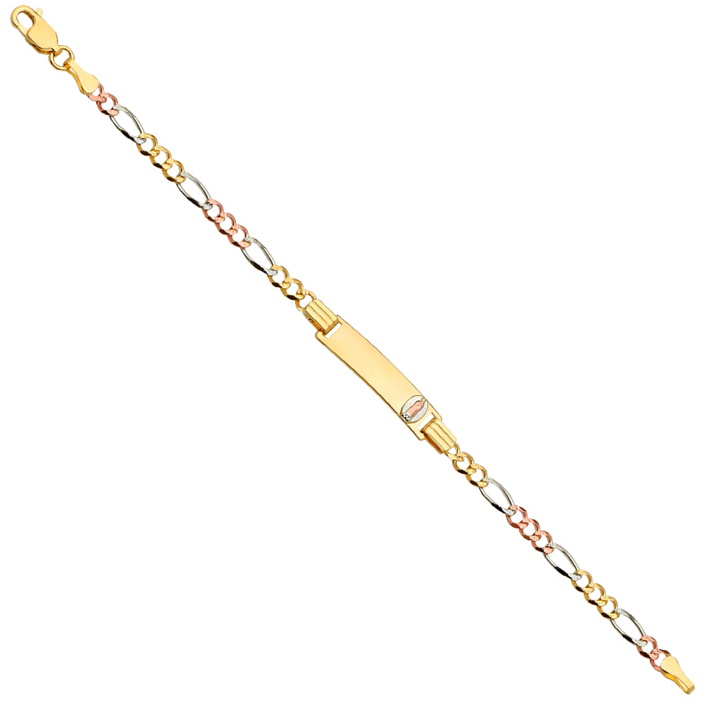 14K tri-color gold baby ID bracelet with figaro chain and Our Lady of Guadalupe charm on engravable plate on white background