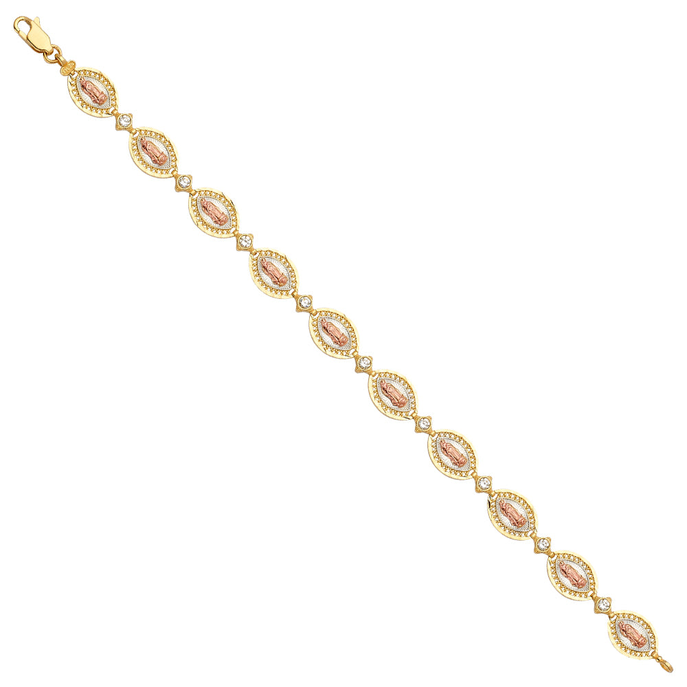 14K tri-color gold Our Lady of Guadalupe marquise medallion link bracelet with rose gold Virgin Mary figures and bezel-set CZ connectors, 7.5 inches, on white background