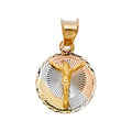 14K tri-color yellow, white and rose gold Jesus crucifix figure diamond-cut round medal pendant on white background