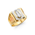 14K tri-color gold men's ring featuring Virgin Mary on white gold center panel with rose gold cross and CZ accents