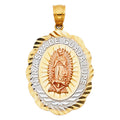 14K tri-color gold Our Lady of Guadalupe oval pendant with rose gold Virgin Mary figure, sunburst halo, and diamond-cut scalloped frame, 35mm, on white background