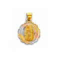 14K tri-color gold Our Lady of Guadalupe diamond-cut scalloped medallion pendant, 20mm, yellow white and rose gold, on white background
