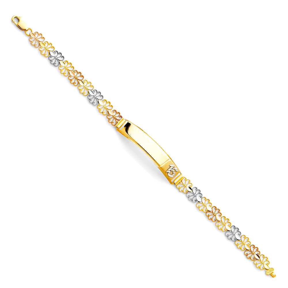 14K tri-color gold Quinceañera ID bracelet with open filigree floral chain in yellow, white and rose gold with engravable plate on white background