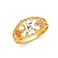 14K tri-color gold Quinceañera filigree ring with white gold number 15, rose gold flowers and open heart design on white background