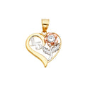 14K tri-color gold Quinceañera heart pendant with rose gold CZ flower, white gold stem and number 15 on white background