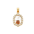 14K tri-color gold Quinceañera oval pendant with CZ halo border, white gold number 15 and rose gold rose on white background