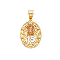 14K tri-color gold Quinceañera oval pendant with Virgin Mary, number 15 and bezel-set CZ stones on white background