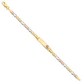14K tri-color gold baby ID bracelet with figaro chain and rose gold flower charm on engravable plate on white background