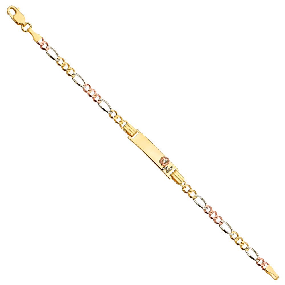 14K tri-color gold baby ID bracelet with figaro chain and rose gold flower charm on engravable plate on white background