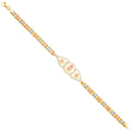 14K tri-color gold Virgin Mary Guadalupe bracelet with CZ halo centerpiece and tri-color leaf chain on white background