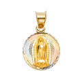 14K tri-color yellow, white and rose gold Virgin Mary Guadalupe round medal pendant with diamond-cut sunburst background on white background