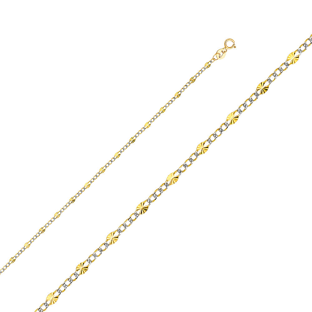 14K two tone gold 2.5mm figaro chain necklace with diamond cut links and alternating yellow and white gold design on white background