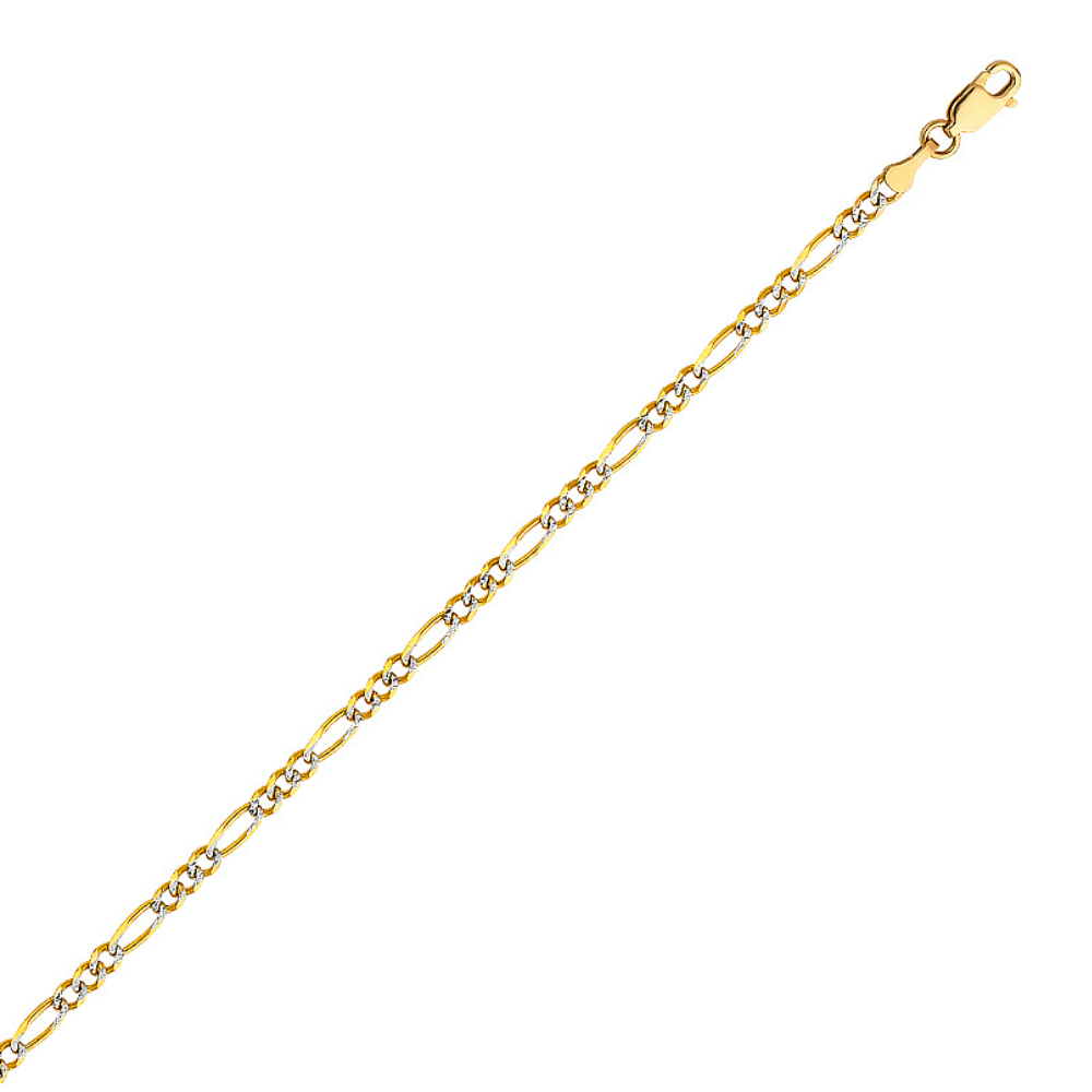 14K two-tone yellow gold 3.1mm figaro bracelet with white plating and lobster claw clasp on white background