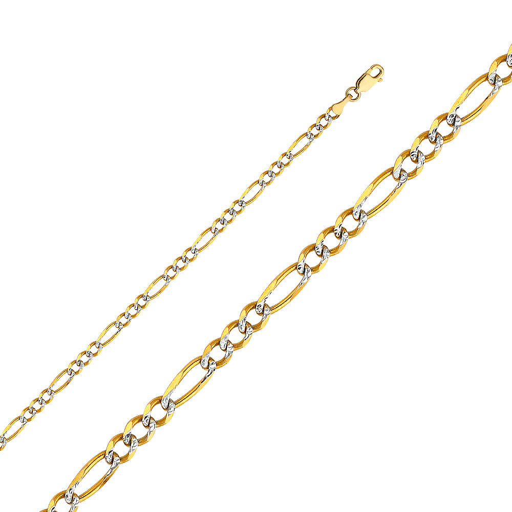 14K two tone gold 4mm figaro chain necklace with alternating yellow and white gold 3+1 link pattern on white background