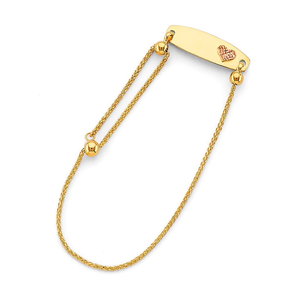 14K two-tone gold adjustable baby ID bracelet with engravable plate, rose gold diamond-cut heart accent, and wheat chain bead sliders, on white background