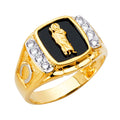 14K two-tone gold men's ring with black onyx center, raised St. Jude Thaddeus figure, and channel-set CZ shoulders, 15mm, on white background