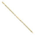 14K two-tone gold Cuban link chain ID bracelet with slim engravable yellow gold plate and diamond-cut white gold links, 7.5 inches, lobster clasp, on white background