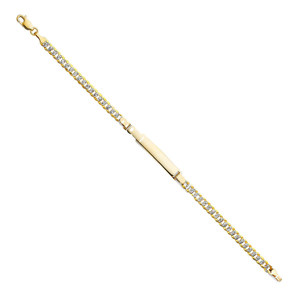14K two-tone gold Cuban link chain ID bracelet with slim engravable yellow gold plate and diamond-cut white gold links, 7.5 inches, lobster clasp, on white background