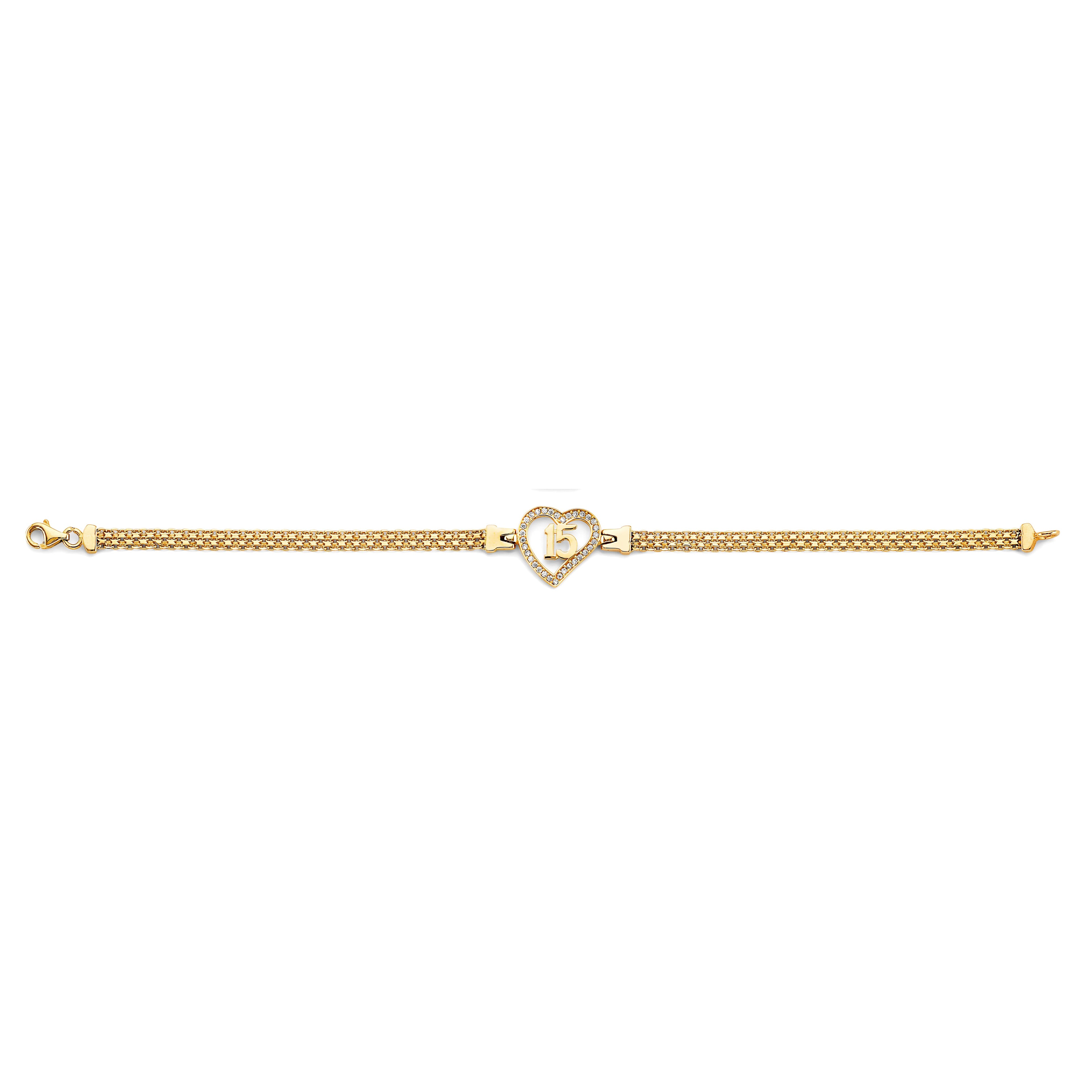 14K two-tone gold bracelet with CZ pavé open heart and "15" numeral centerpiece on double mesh chain, 7.25 inches, lobster clasp, on white background