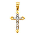 14K two-tone yellow and white gold cross pendant with round CZ pavé set stones and polished yellow gold budded tips at each arm end on white background