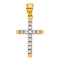 14K two-tone yellow and white gold dainty cross pendant with round CZ pavé set stones along every arm on white background