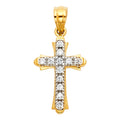 14K two-tone yellow and white gold cross pendant with round CZ pavé set stones and polished yellow gold flared tips at each arm end on white background