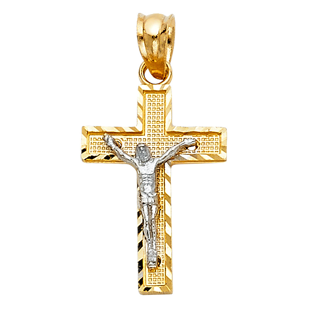 14K two-tone gold diamond-cut crucifix pendant with white gold corpus and textured cross face on white background