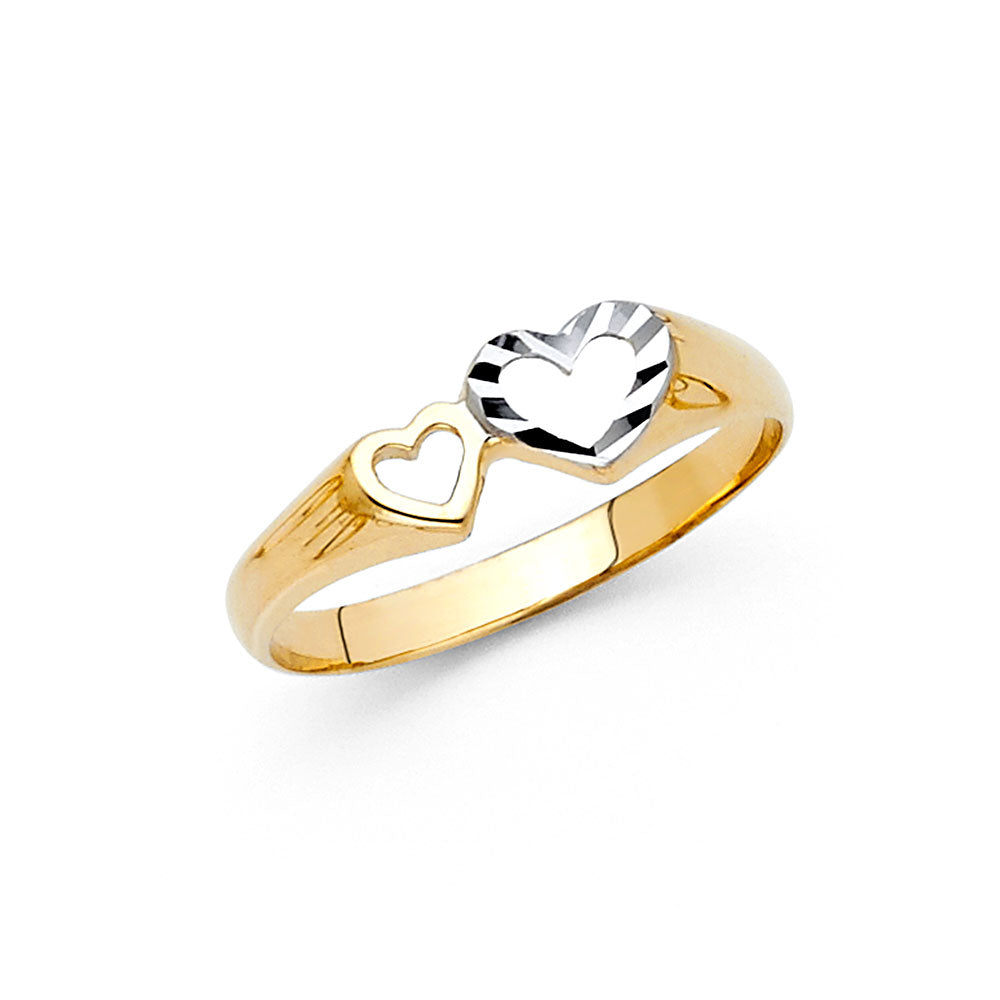 14K two-tone gold double heart ring with diamond-cut white gold heart and open yellow gold heart outline, 6mm, on white background