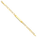 14K two-tone gold figaro 3+1 baby ID bracelet with smooth engravable plate and diamond-cut white gold link accents, 6 inches, lobster clasp, on white background