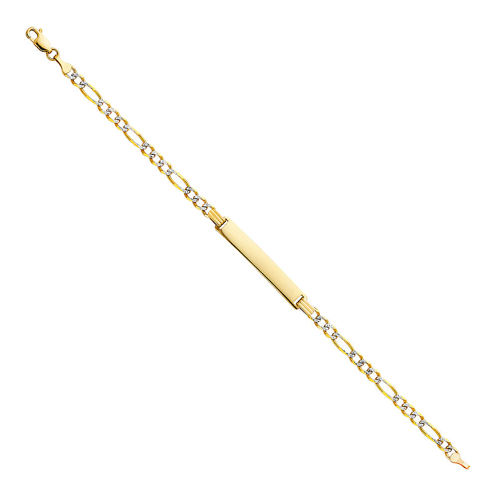 14K two-tone gold figaro 3+1 ID bracelet with smooth engravable yellow gold plate and diamond-cut white gold links, 5.60 gr., 7.5 inches, on white background