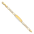 14K two-tone gold baby ID bracelet with engravable yellow gold plate and diamond-cut white gold figaro chain links, 6 inches, lobster clasp, on white background