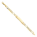 14K two-tone gold figaro chain ID bracelet with smooth engravable yellow gold plate and diamond-cut white gold links, 8.5 inches, lobster clasp, on white background