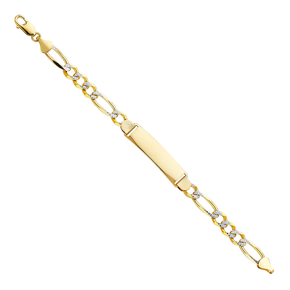 14K two-tone gold figaro chain ID bracelet with smooth engravable yellow gold plate and diamond-cut white gold links, 8.5 inches, lobster clasp, on white background