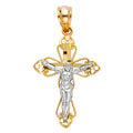 14K two-tone yellow and white gold open filigree crucifix pendant with raised white gold Jesus figure and milgrain edges on white background