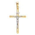 14K two-tone yellow and white gold hollow round tube crucifix pendant with INRI inscription and Jesus figure on white background