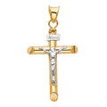 14K two-tone gold hollow tubular crucifix pendant with white gold corpus and INRI tablet, 35mm, on white background